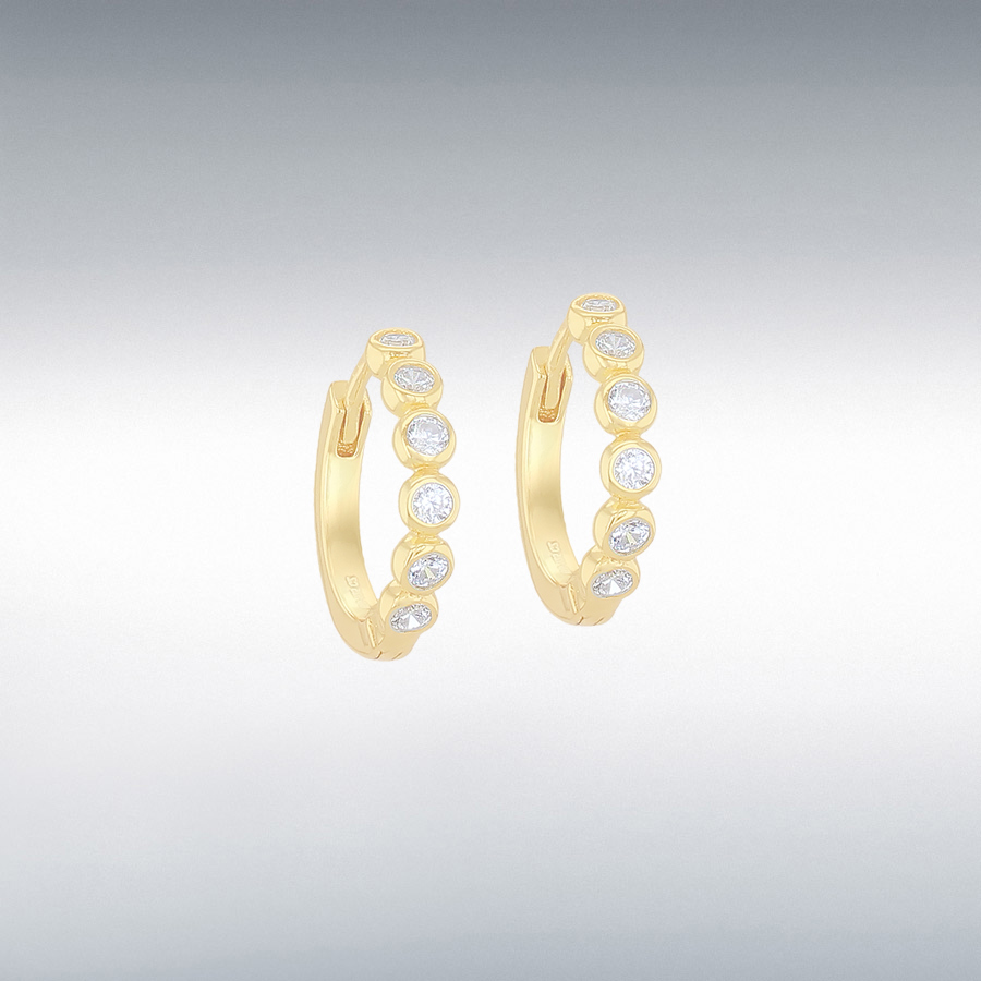 Sterling Silver Yellow Gold Plated CZ Rubover 14mm Hoop Creole Earrings