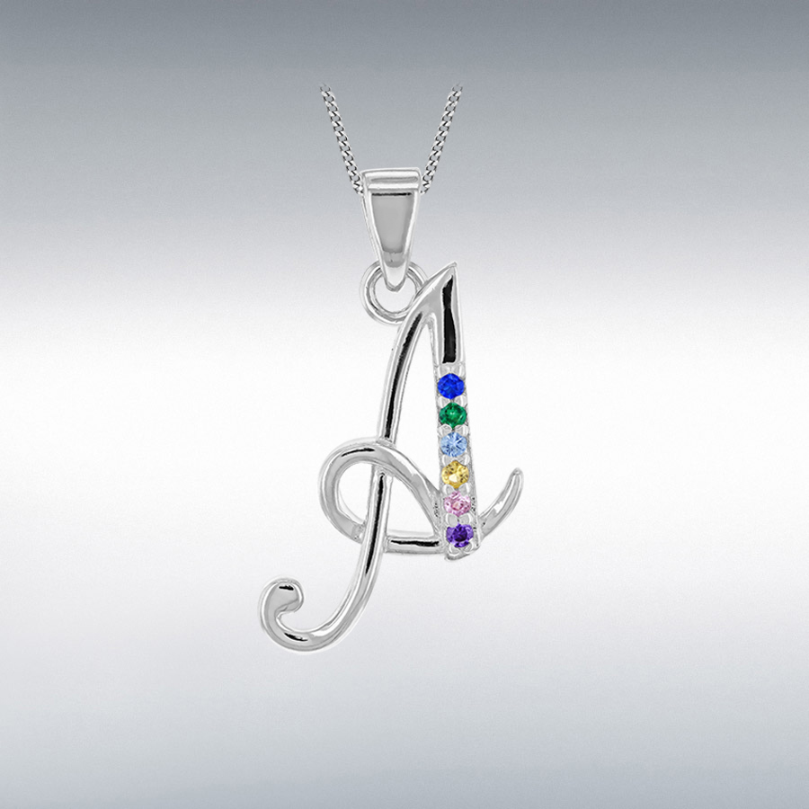 Sterling Silver Rhodium Plated with Multi-Coloured CZ Script A Initial Pendant
