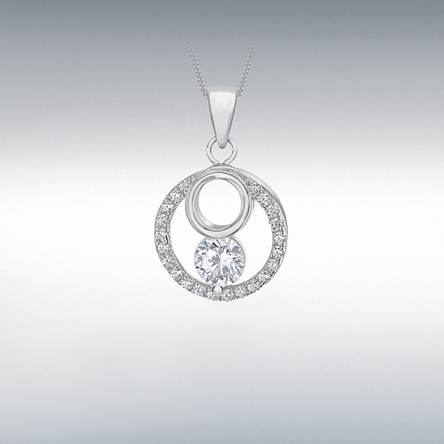 Sterling Silver Rhodium Plated CZ 13.3mm x 20.4mm Double-Circle Pendant