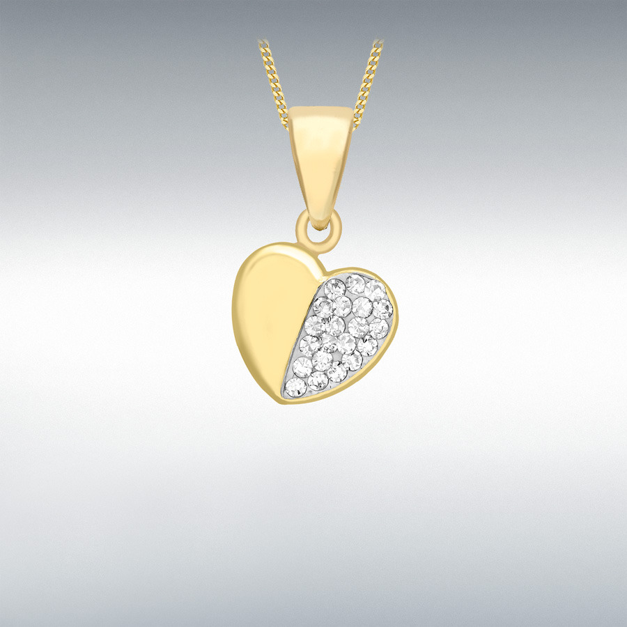 9ct Yellow Gold Half-Pave Set CZ 8mm x 15mm Heart Pendant 