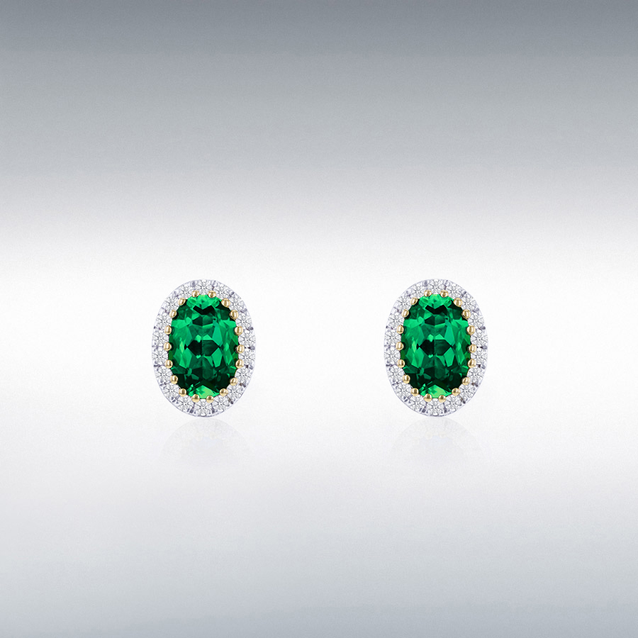 9ct Yellow Gold 0.15ct Round Lab Created Diamonds and 6mm x 4mm Lab Created Oval Emerald Cluster Stud Earring