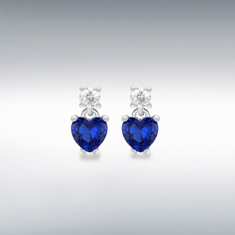 Sterling Silver Rhodium Plated 5mm Heart Shape Synthetic Blue Spinel with 3mm Round White CZs Earrings