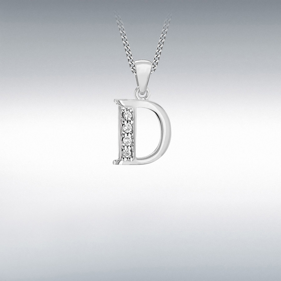 Sterling Silver Rhodium Plated CZ 9.9mm x 18mm 'D' Initial Pendant