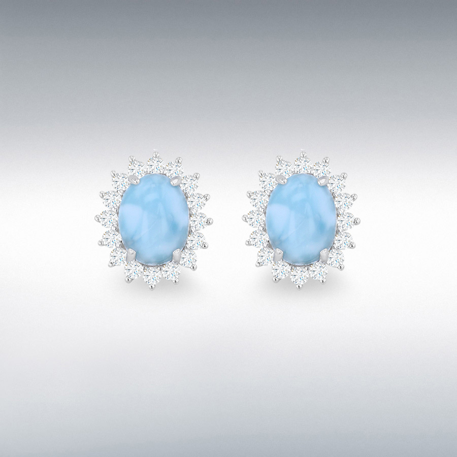 Sterling Silver Rhodium Plated CZ and Larimar 12mm x 14mm Cluster Stud Earrings