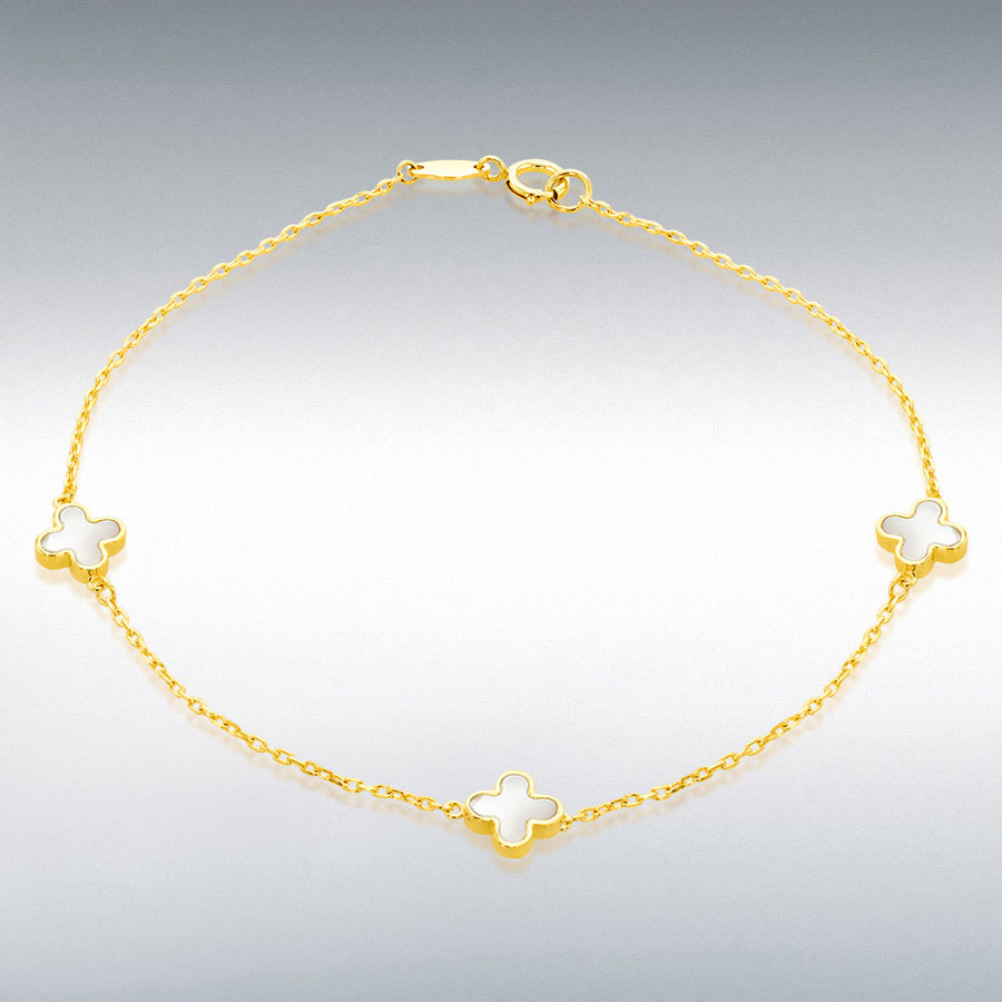9ct Yellow Gold 3 x 6.5mm Mother of Pearls Clover Petals Bracelet 19cm/7.5"