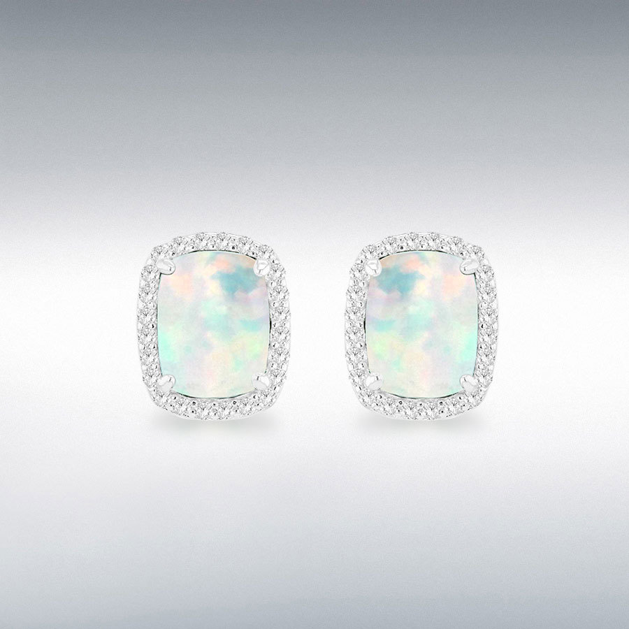 Sterling Silver Rhodium Plated Rectangle Synthetic Opal and White CZ 8.5mm x 10mm Halo Stud Earrings