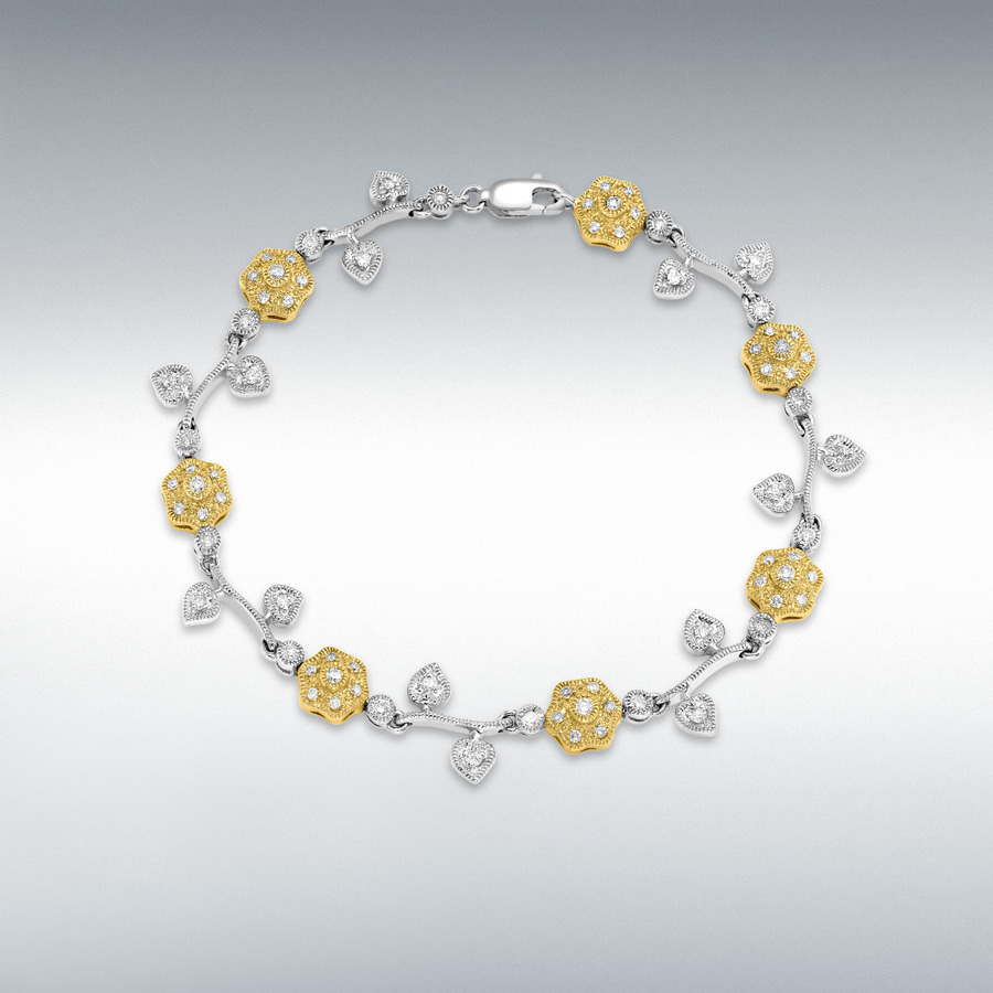 9ct 2-Colour Gold 1.00ct Diamond Flower & Leaf Bracelet 20cm/7.85"