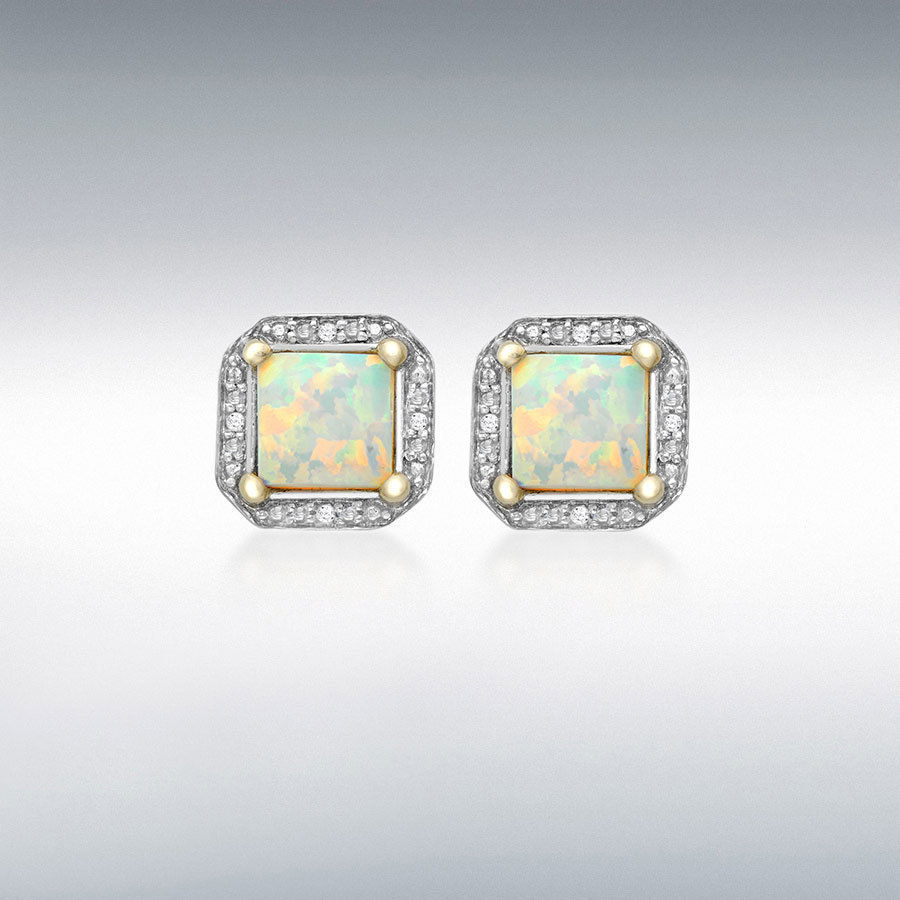 9ct Yellow Gold 0.02ct Diamond and Synthetic Opal 8mm x 8mm Square Halo Stud Earrings