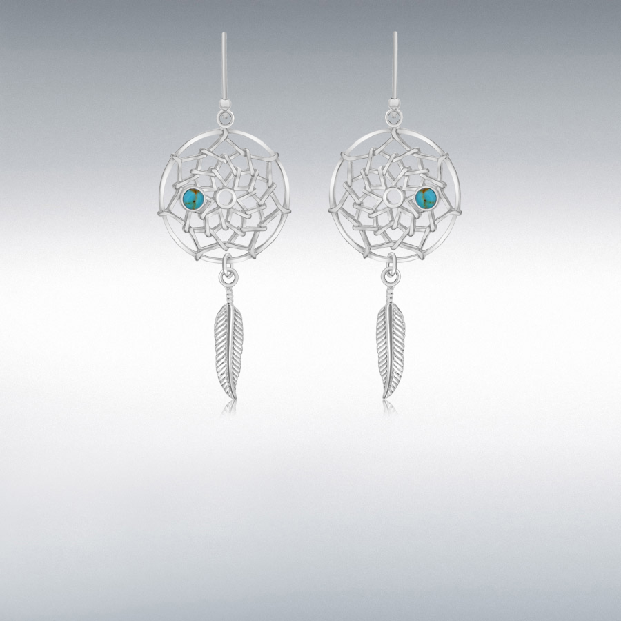 Sterling Silver 2.4mm Turquoise 15.5mm x 46.5mm 'Dream Catcher' Drop Earrings