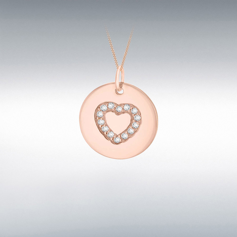 Sterling Silver Rose Gold Plated CZ 15mm x 18mm Heart Disc Pendant