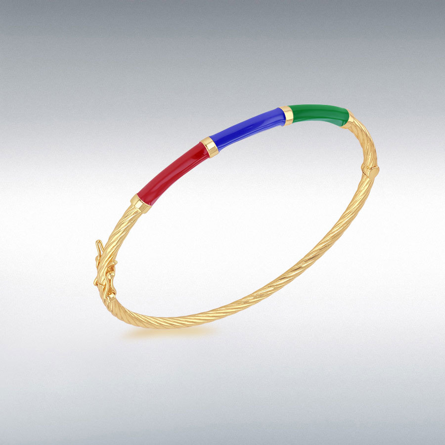 Sterling Silver Yellow Gold Plated 3mm-4mm Red Blue and Green Enamel Bangle
