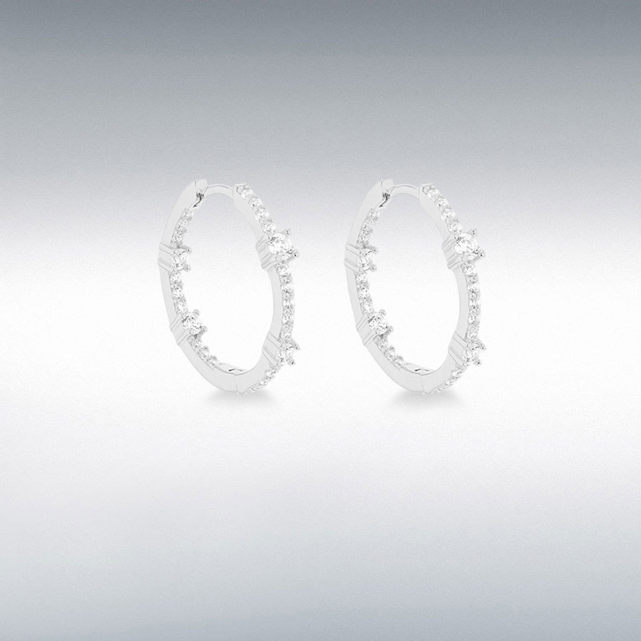 Sterling Silver Rhodium Plated CZ 20mm Interval Hoop Creole Earrings