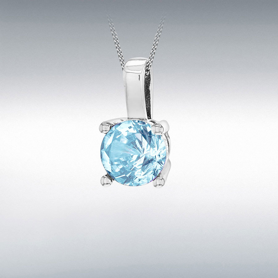 Sterling Silver Rhodium Plated Aqua 5mm Glass Stone March Birthstone Pendant