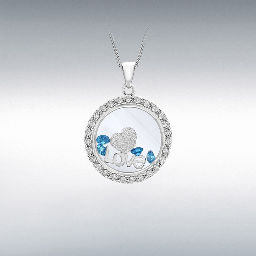 Sterling Silver Blue CZ 20mm x 28mm Floating 'Love' Round Pendant