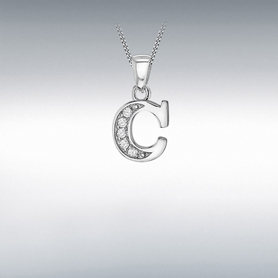 Sterling Silver Rhodium Plated CZ 9.3mm x 18.4mm 'C' Initial Pendant