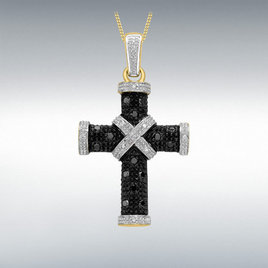 9ct Yellow Gold 0.25ct Black and White Diamond 20mm x 35mm Cross Pendant