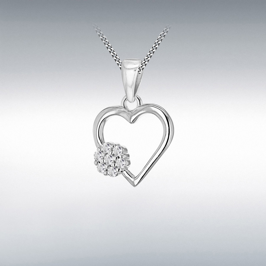 Sterling Silver Rhodium Plated CZ Cluster 12.7mm x 18.7mm Open-Heart Pendant