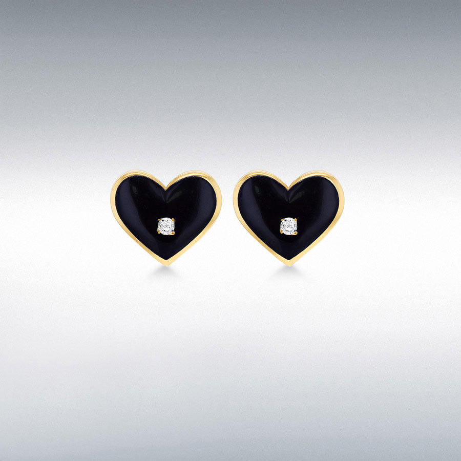 9CT YELLOW GOLD BLACK ENAMEL WITH DIAMONDS 5.9MM X 7MM HEART STUD EARRINGS