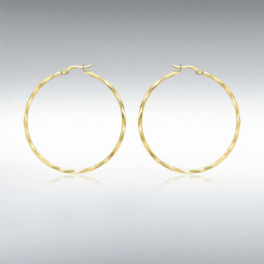 9ct Yellow Gold 1.5mm Tube 42mm Diamond Cut Faceted Hoop Creole Earrings