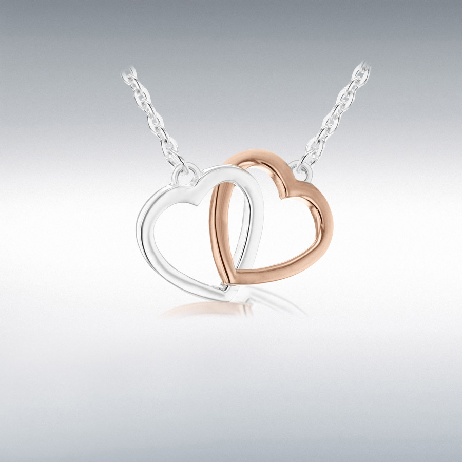 Sterling Silver Rose Gold Plated 21mm x 15mm Linked-Hearts Adjustable Necklace 46cm/18"-48.25cm/19