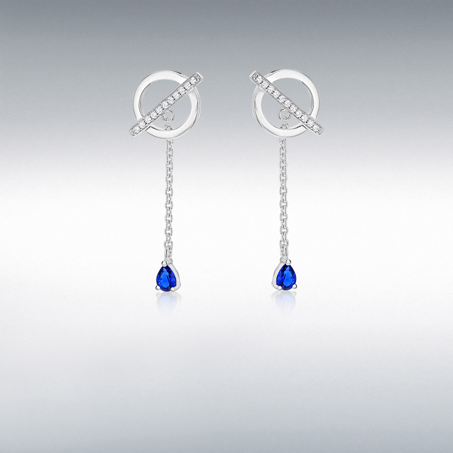 Sterling Silver Rhodium Plated White and Blue CZ 9.8mm x 32mm Circle Bar & Chain Drop Earrings