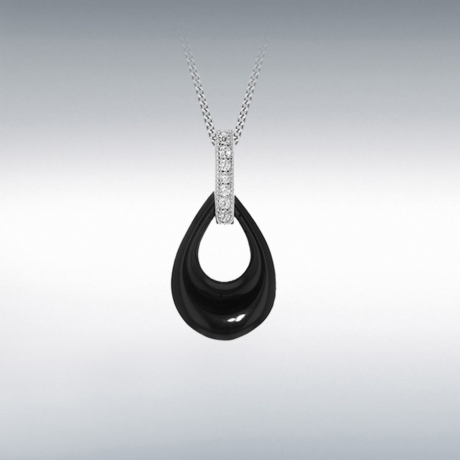 Sterling Silver Rhodium Plated CZ Black Ceramic Teardrop Pendant