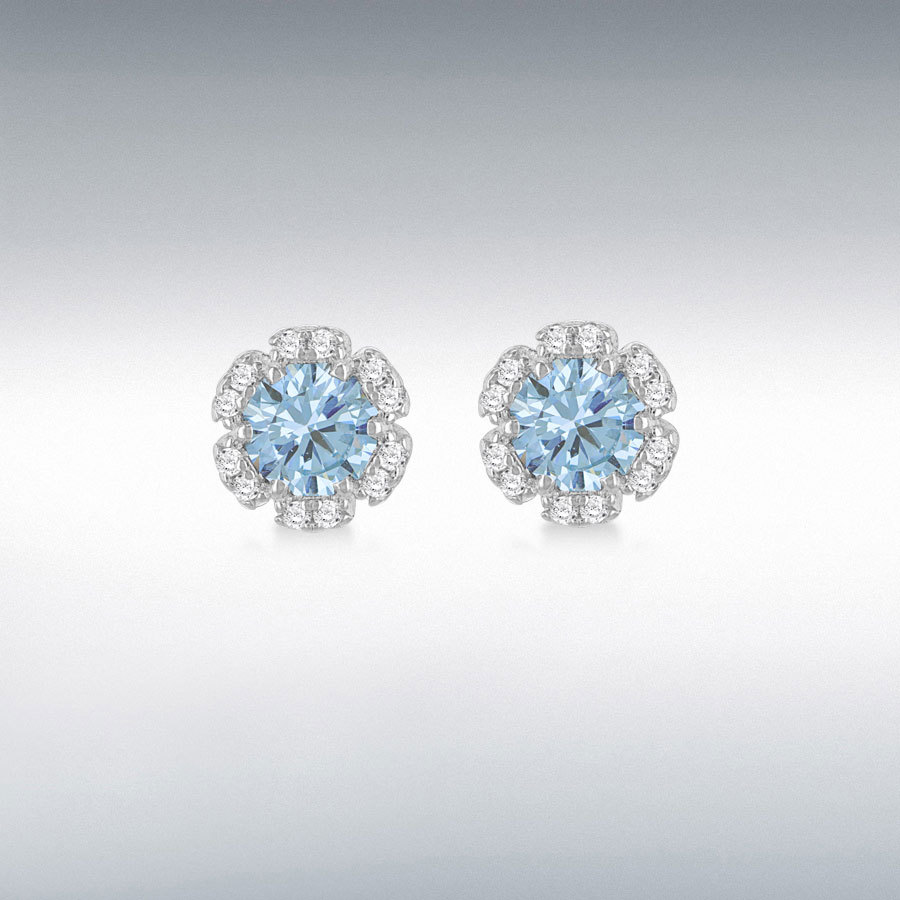 Sterling Silver Rhodium Plated 6.5mm Flower Petal Light Blue CZ Stud Earrings