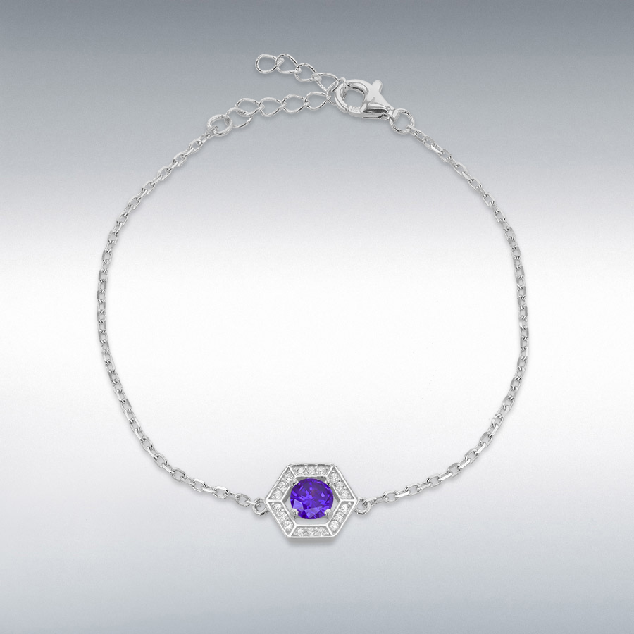 Sterling Silver Rhodium Plated 11mm x 9.5mm Round Small White CZ Halo Hexagon with 5mm Round Purple CZ Bracelet 16cm/6.25" - 19cm/7.5"