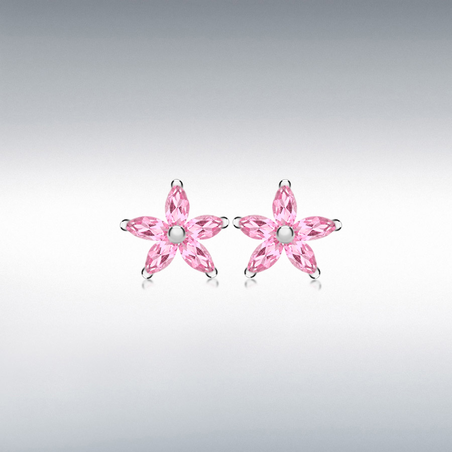 Sterling Silver Pink Marquise CZ 11mm x 10.5mm Flower Stud Earrings