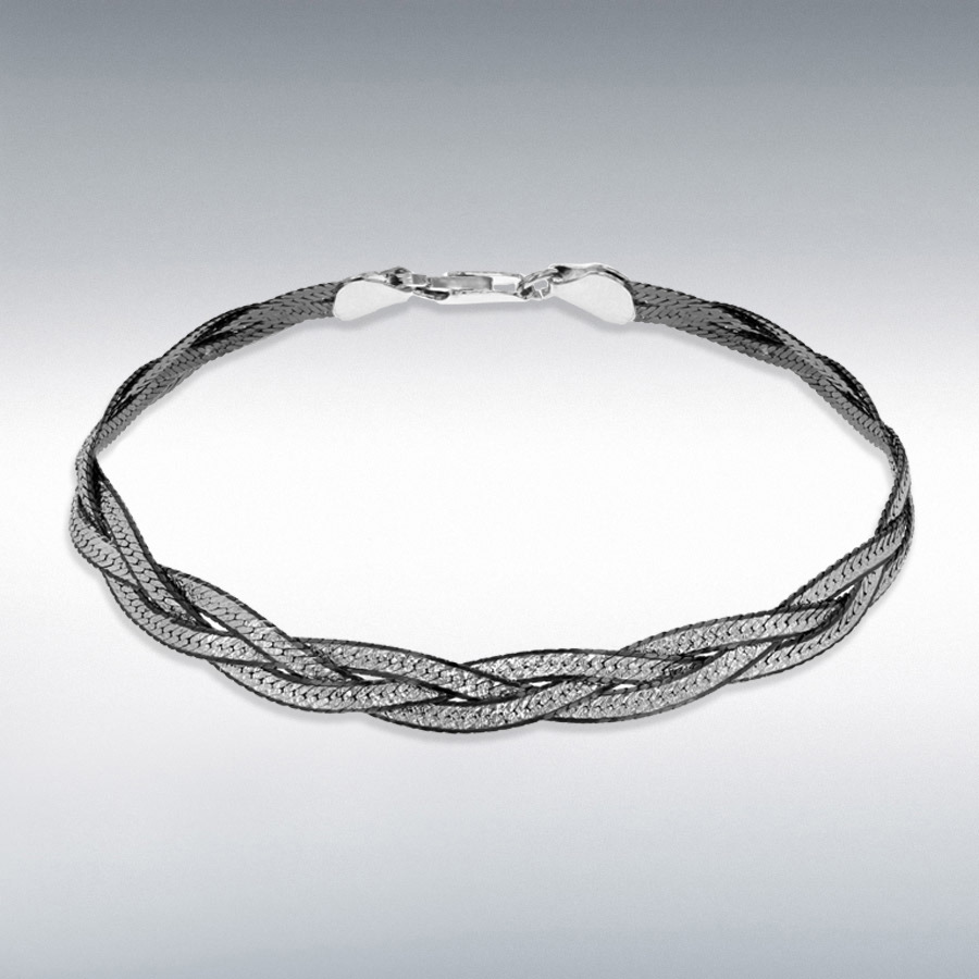 Sterling Silver Oxidised 6mm 3-Plait Herringbone Bracelet 19cm/7.5