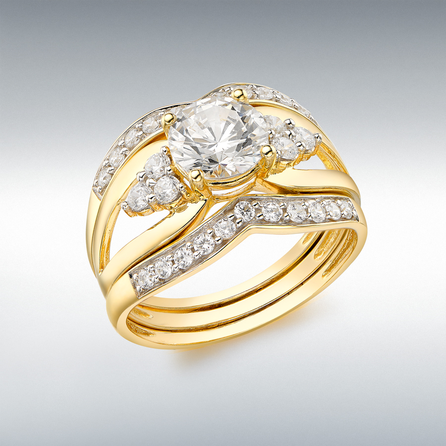 9ct Yellow Gold White CZ 3-Band Ring Set