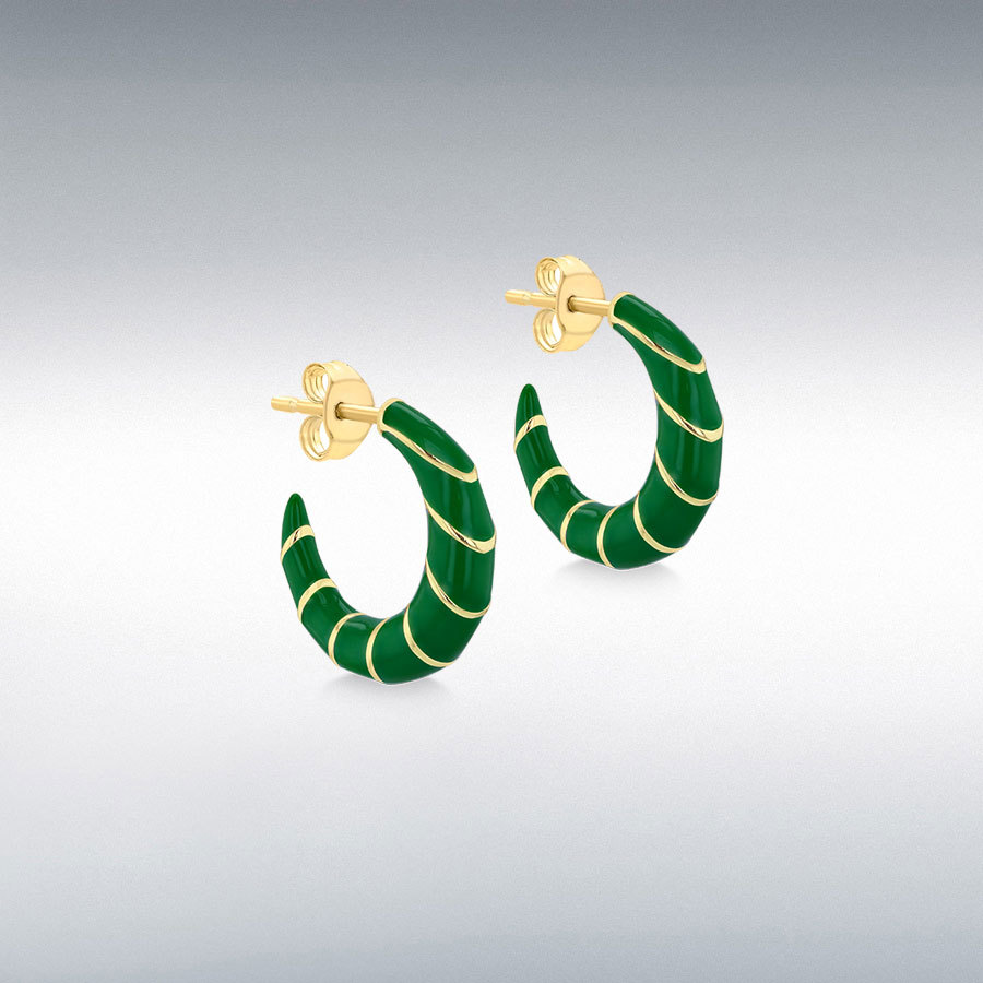 Sterling Silver Yellow Gold Plated 18.5mm Green Enamel Half Hoop Stud Earrings