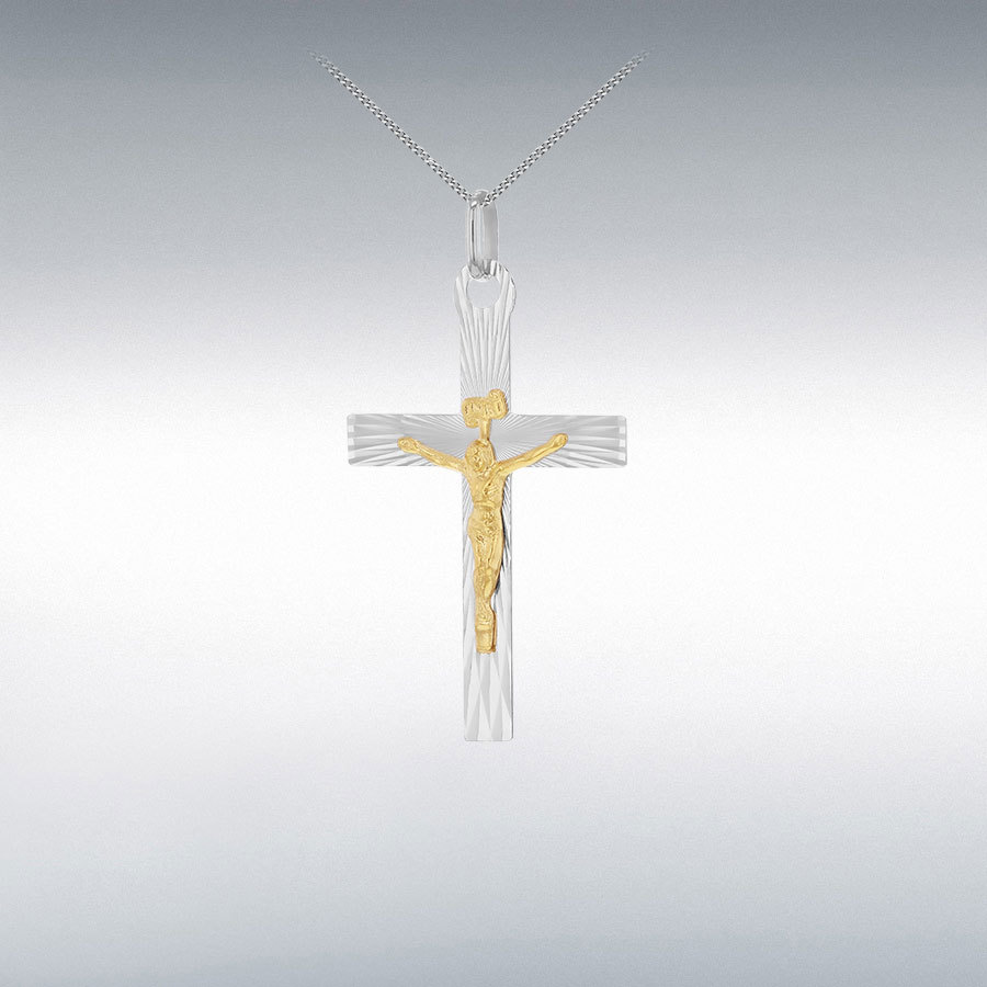 Sterling Silver 2-Colour 21mm x 37mm Diamond Cut Crucifix Pendant
