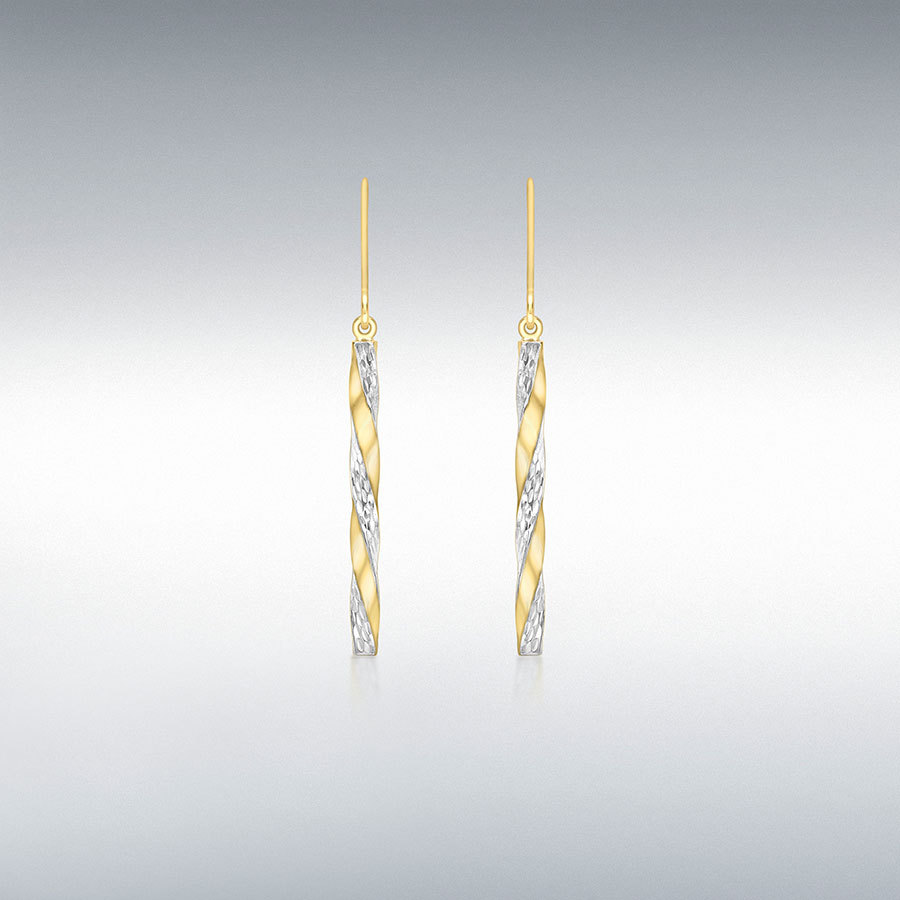 9ct 2-Colour Gold 2.85mm x 48mm Twist Diamond Cut Pole Drop Earrings   
