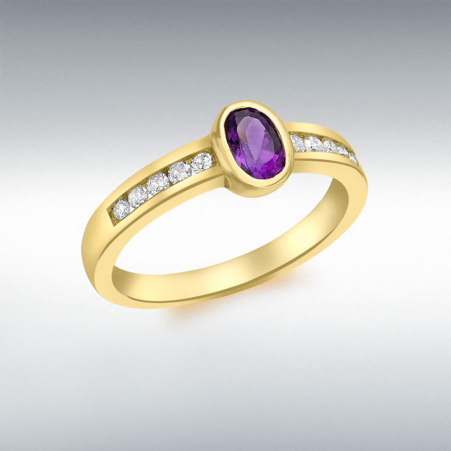 9ct Yellow Gold 0.20ct Diamond and Amethyst Oval Ring