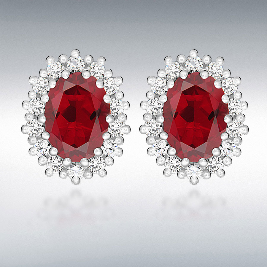 Sterling Silver White CZ and Red Glass 10mm x 12mm Cluster Oval Stud Earrings