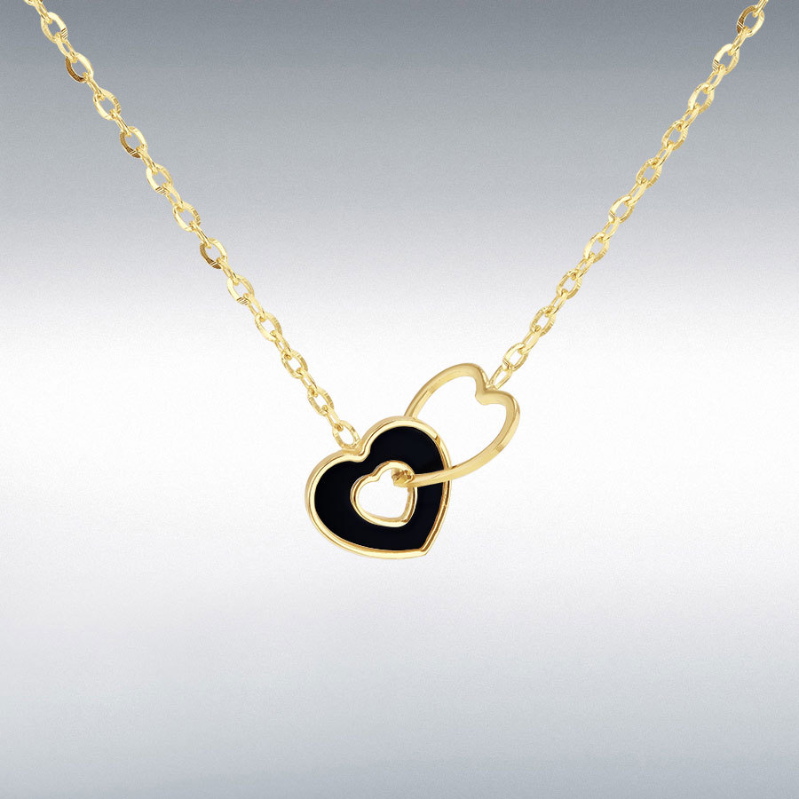 9ct Yellow Gold Linked 9mm Black Onyx Heart and 10mm Heart  Adjustable Necklace 39cm/15.5"-41.5cm/16.5"