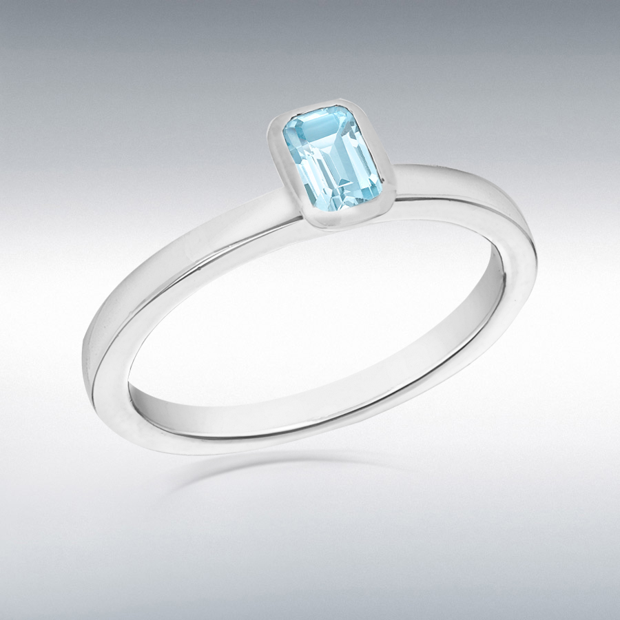 Sterling Silver Blue Rectangle CZ Solitaire Square-Tube Band Ring