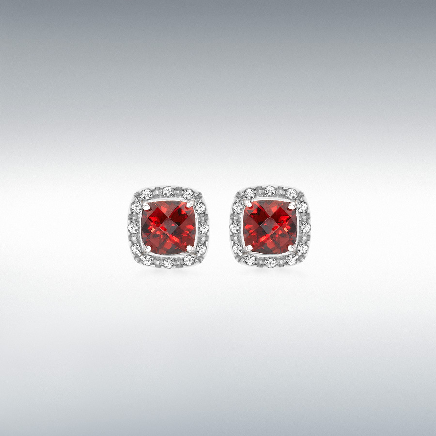 9ct White Gold 0.10ct Diamond and Cushion Cut Garnet 8mm x 8mm Stud Earrings