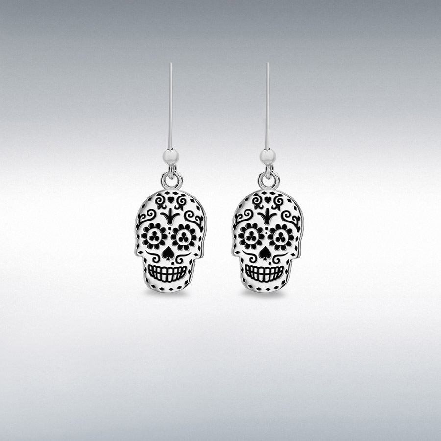 Sterling Silver Oxidised 10mm x 27mm 'Day-of-the-Dead Skull' Drop Earrings