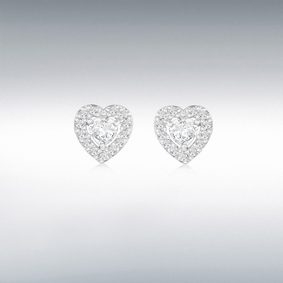 Sterling Silver 4mm x 4mm CZ Heart and 26 x 1.5mm CZ Pave Set 8.7mm x 8.7mm Stud Earrings