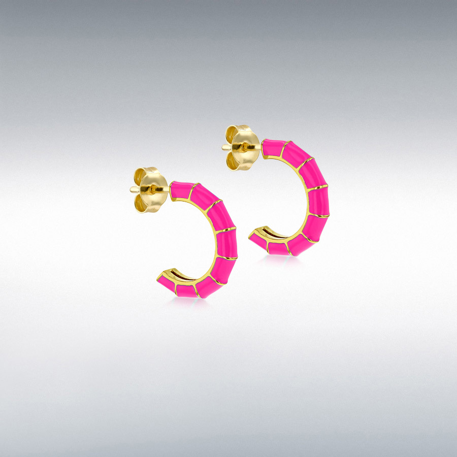 Sterling Silver Yellow Gold Plated 3mm x 16.5mm Pink Enamel Half-Hoop Stud Earrings