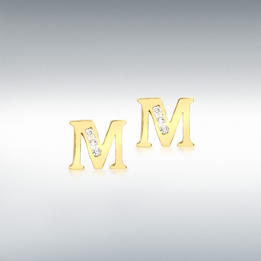 9ct Yellow Gold CZ 8mm x 7mm 'M' Initial Stud Earrings