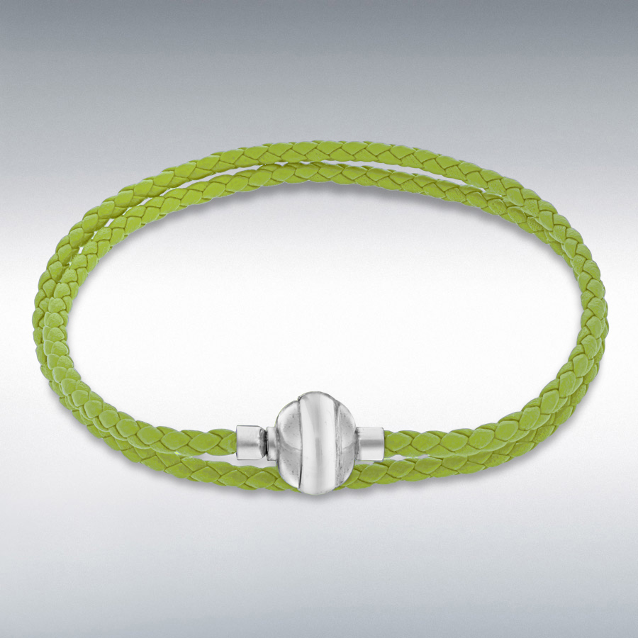 Sterling Silver Green Plaited Leather Wrap Bracelet 41cm/16"