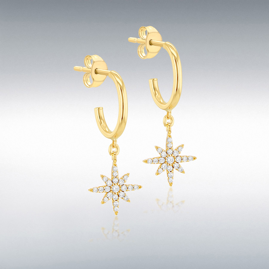 9ct Yellow Gold North  with Round White CZs Star Drop Stud Earrings
