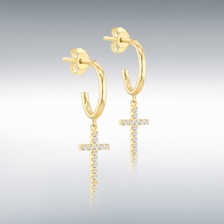9ct Yellow Gold with Round White CZs Cross Drop Stud Earrings