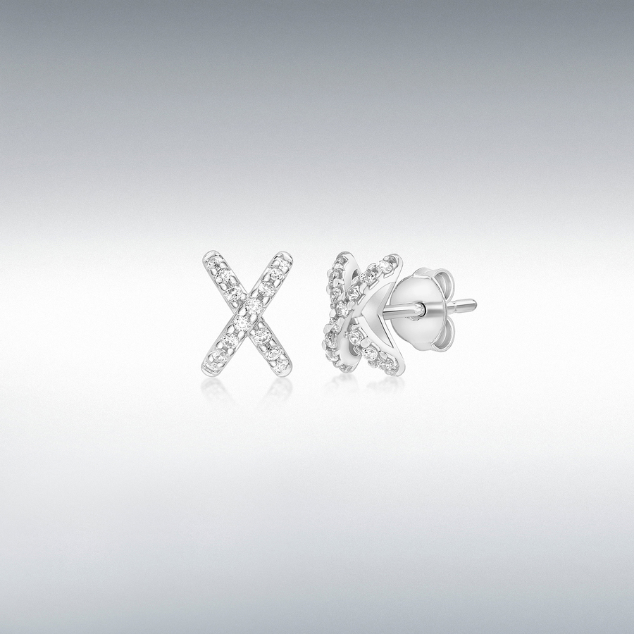 18ct White Gold 28 x 1mm CZ 6mm x 8mm 'Cross' Stud Earrings