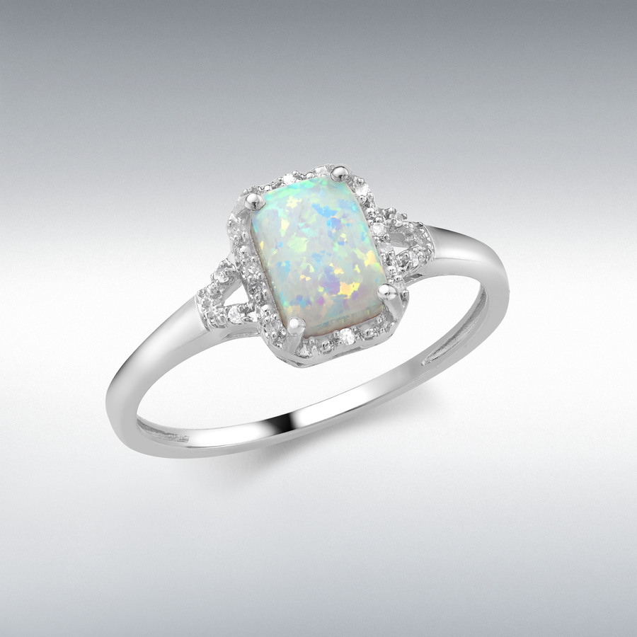 9ct White Gold 0.03ct Diamond and Synthetic Opal 7mm x 8.5mm Rectangular Halo Ring