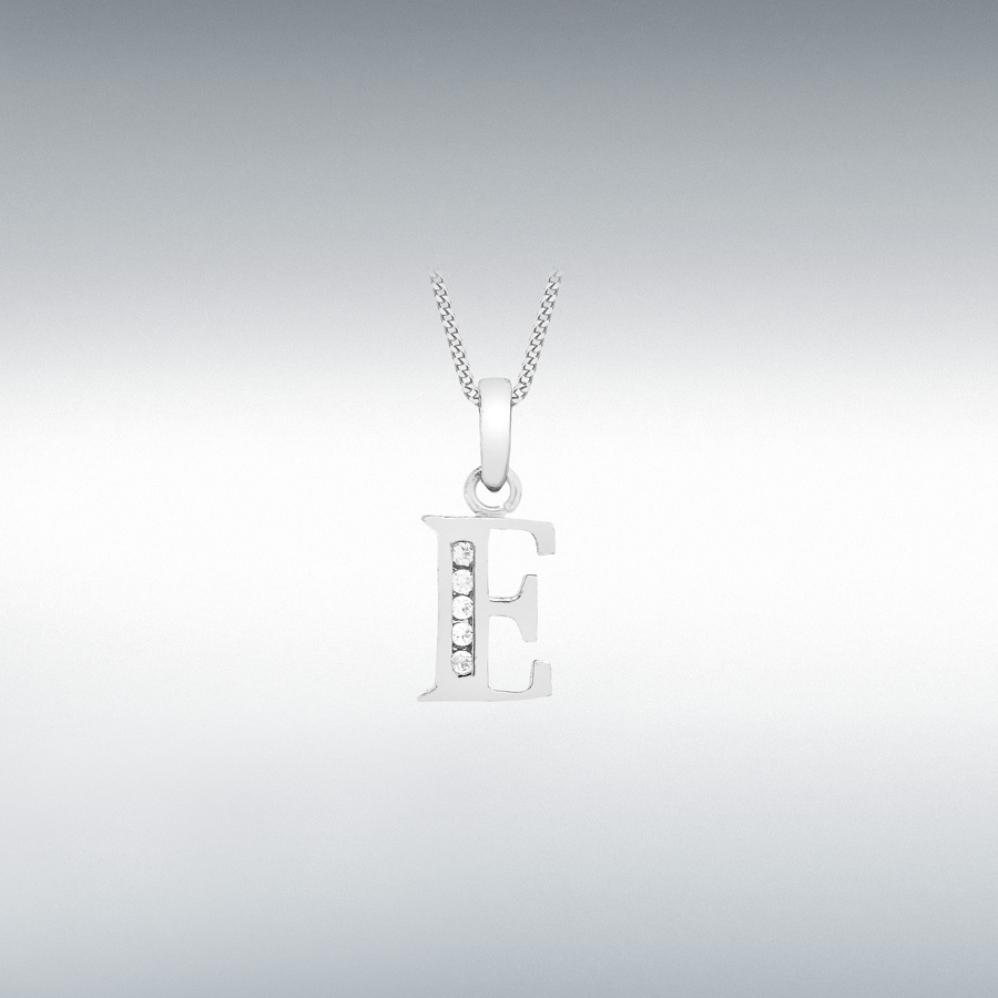 9ct White Gold CZ 7mm x 12mm 'E' Initial Pendant