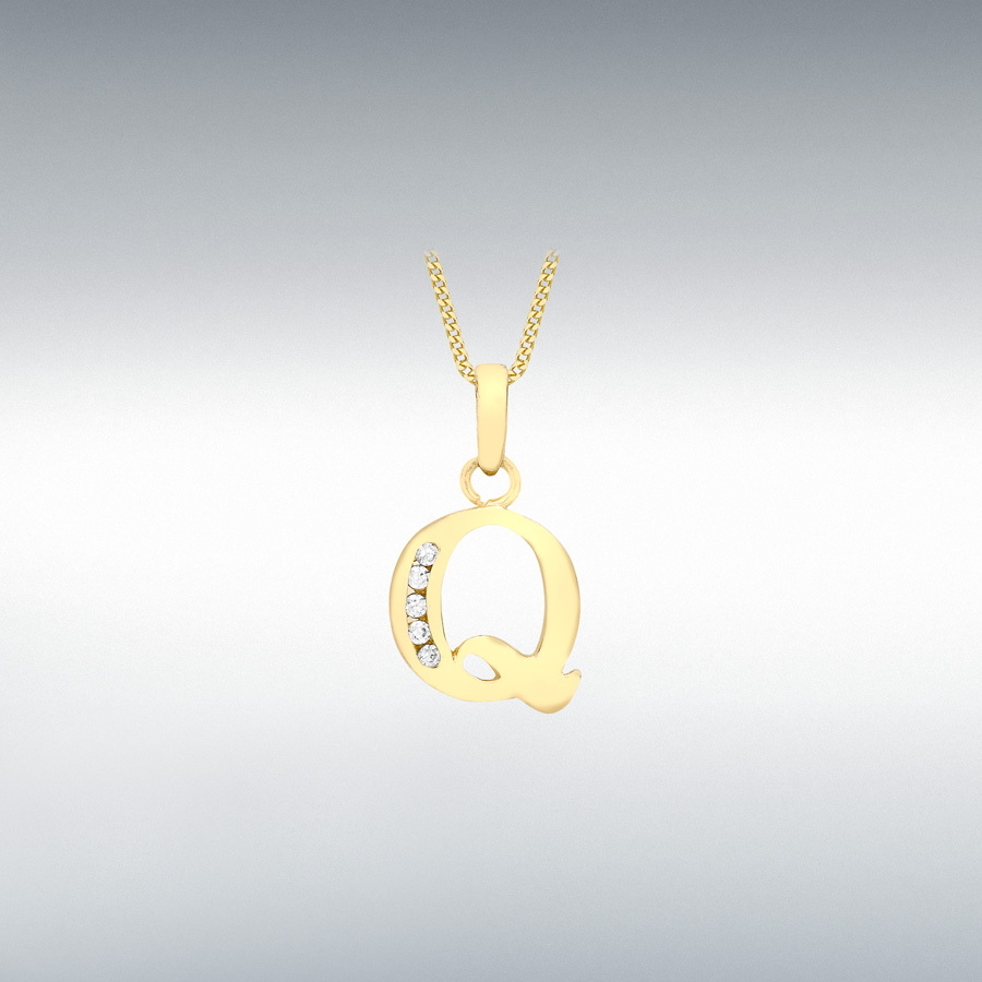 9ct Yellow Gold CZ 10mm x 13mm 'Q' Initial Pendant